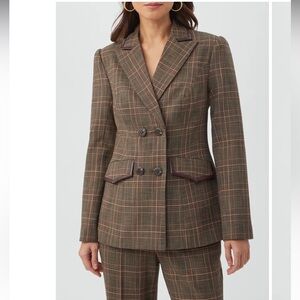 Trina Turk Cassy Plaid Faux Leather Trim Double Breasted Blazer dark academia
